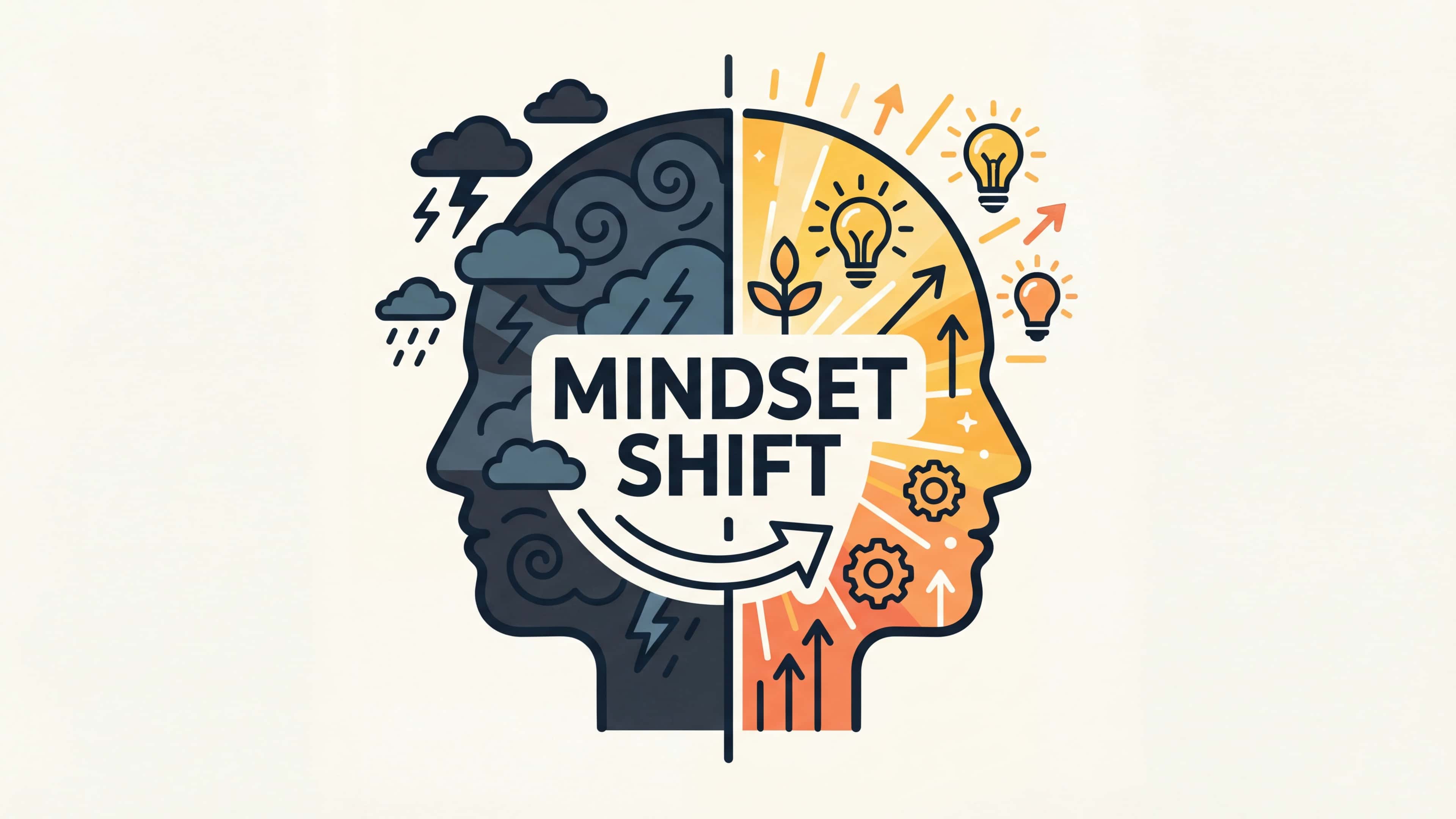 Two-sided human head silhouette showing mindset shift: dark stormy left side versus bright golden right side with lightbulbs and growth symbols.