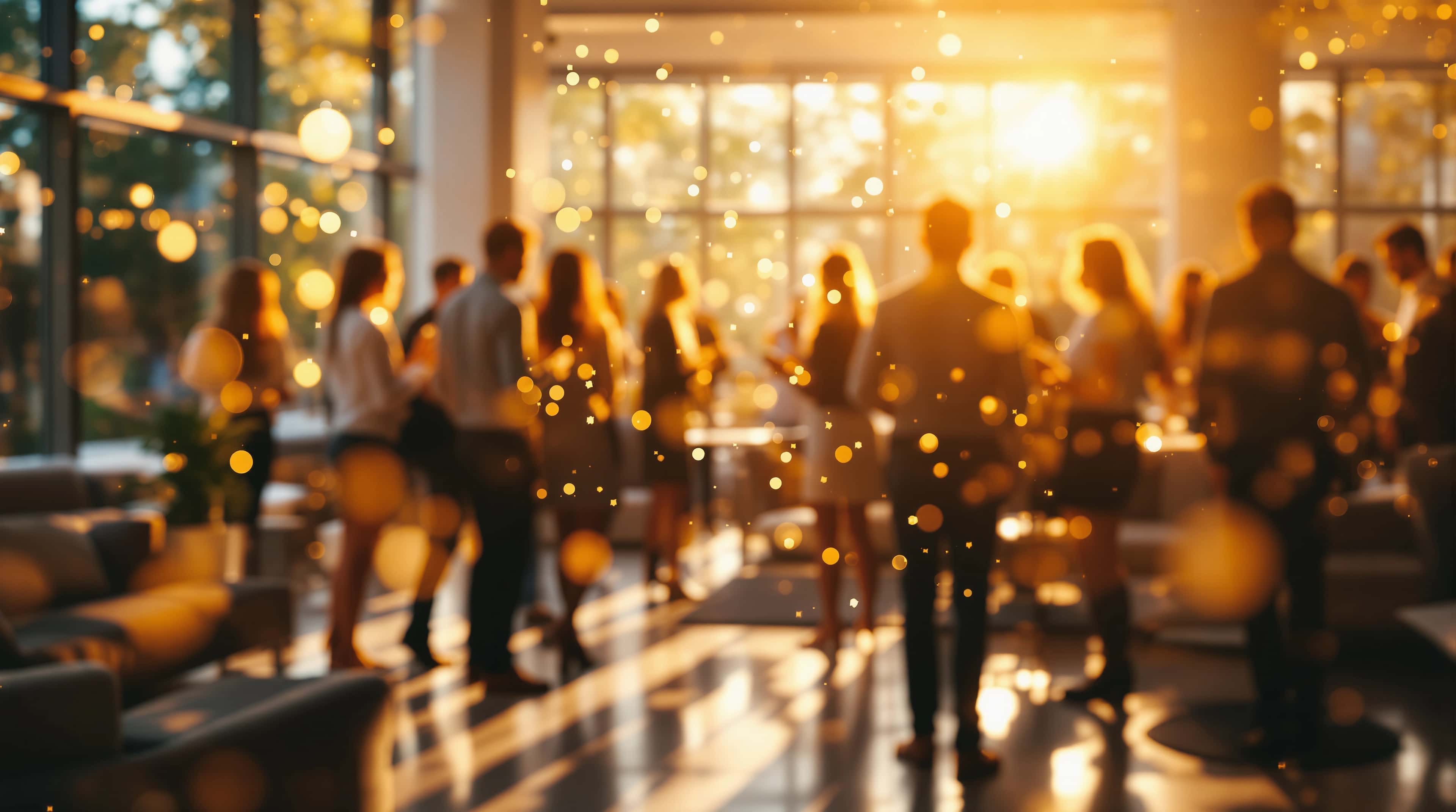 A lively indoor gathering with silhouetted people in conversation under warm, golden lighting, with sparkling bokeh effects throughout.