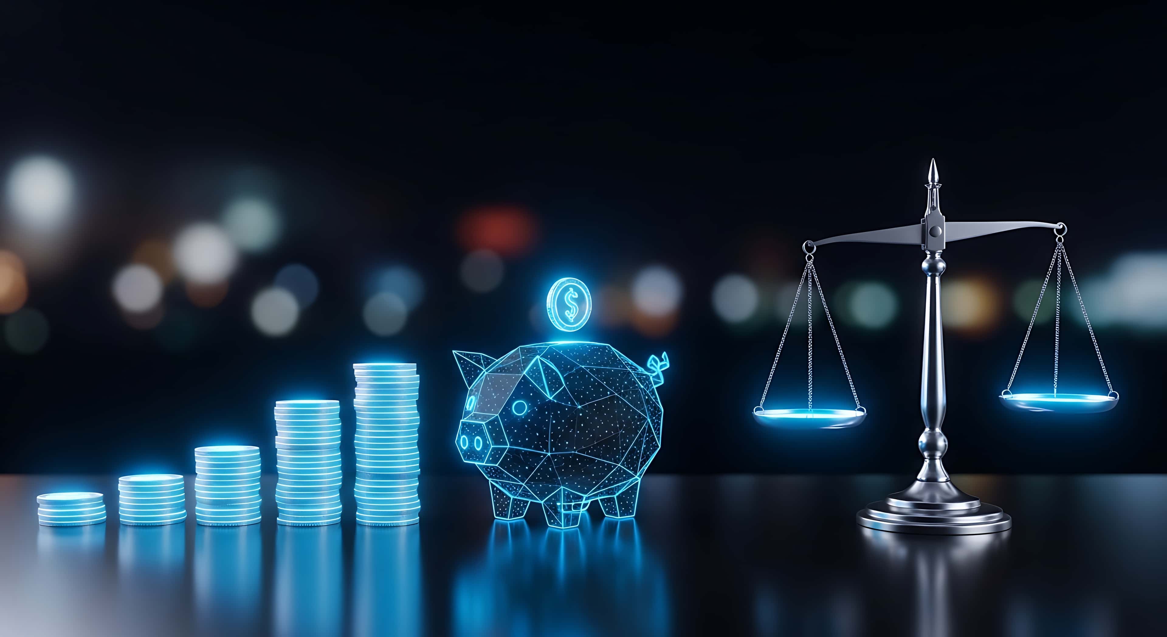 Holographic piggy bank with coin stacks and scales symbolize savings and financial balance against a blurred cityscape.