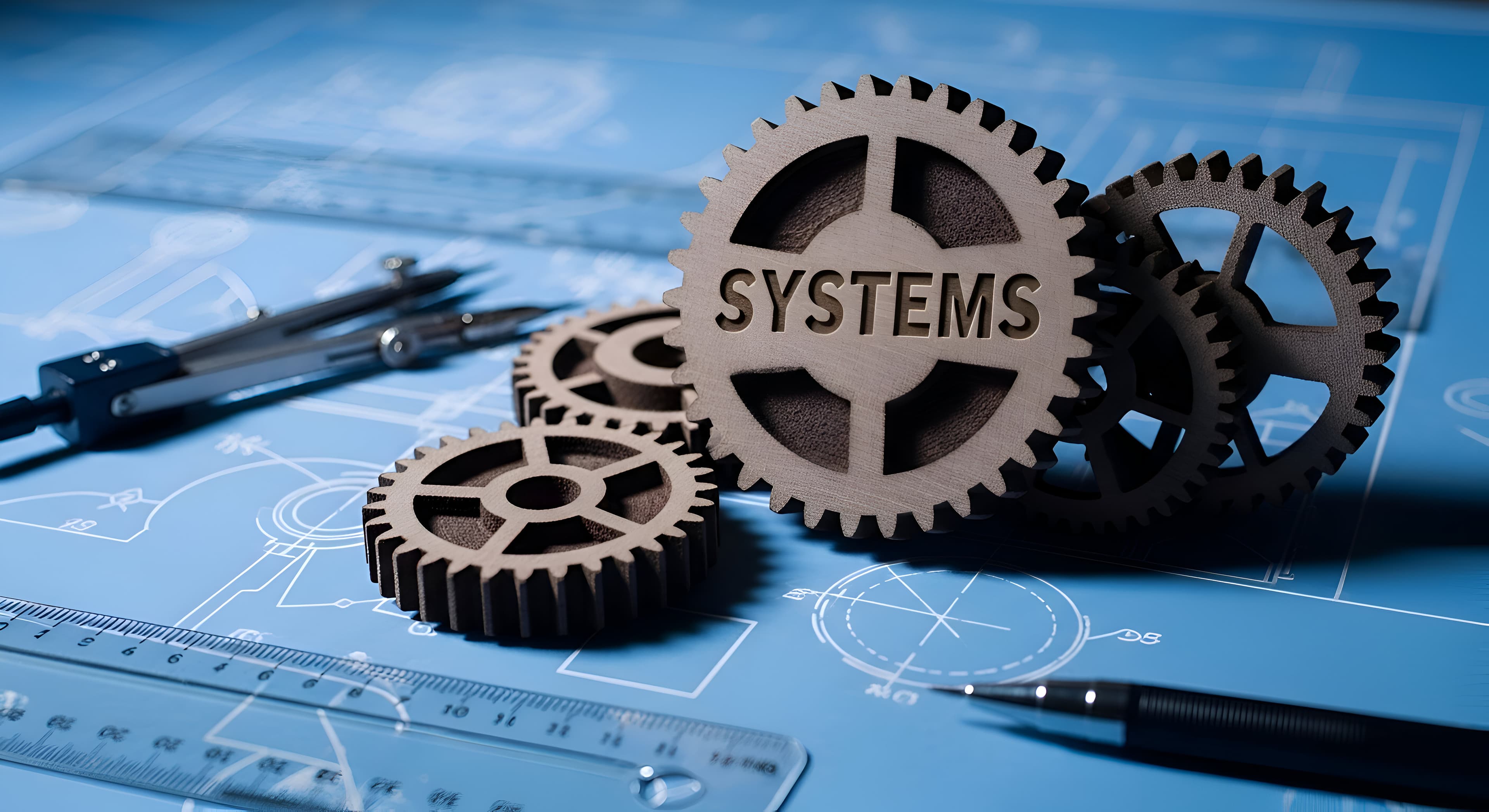Wooden gears with the word "SYSTEMS" engraved on the largest gear, placed on a blue technical blueprint with drafting tools.