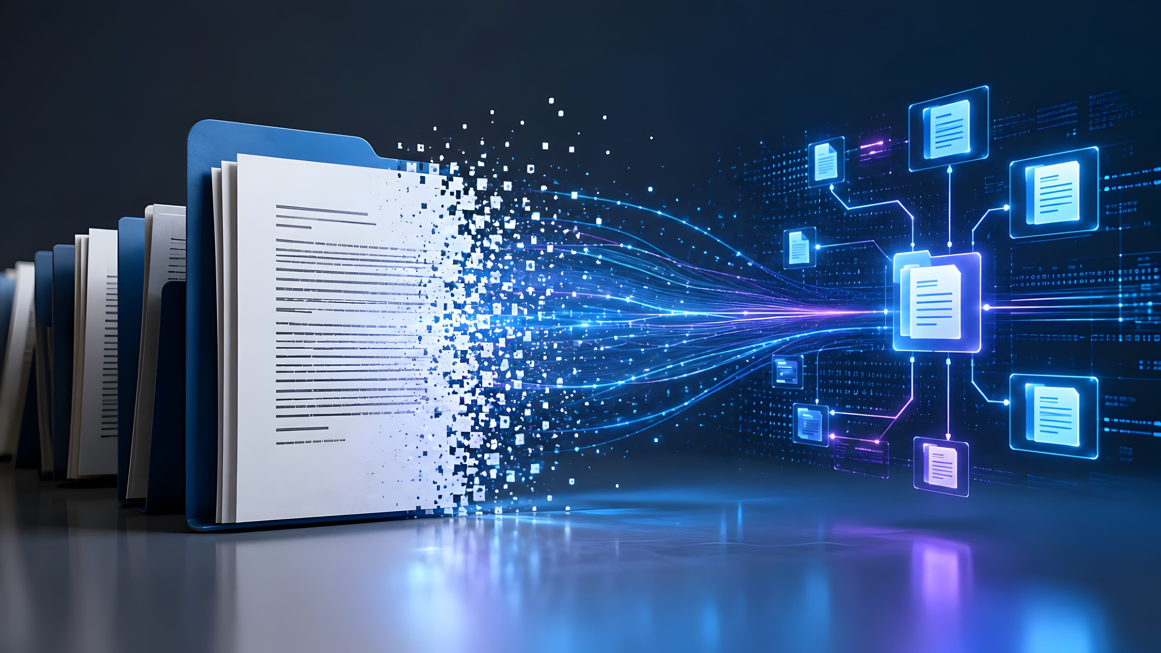 Physical documents in a blue folder dissolving into digital data streams, connecting to glowing digital file icons in a network structure.