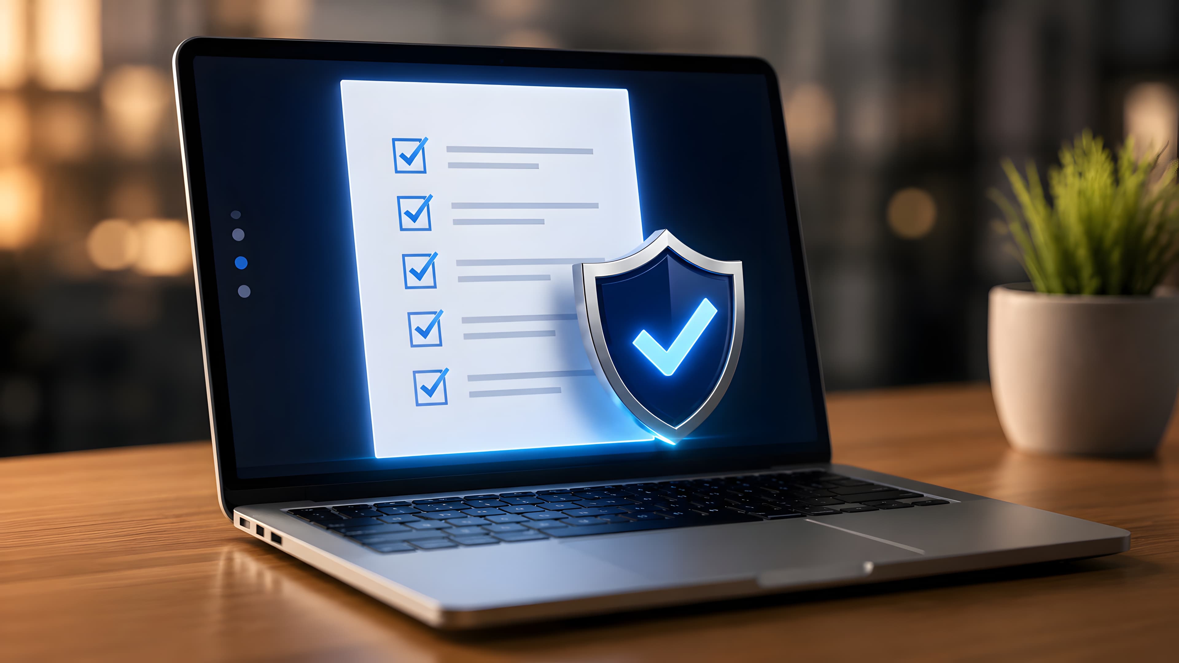 Laptop displaying a glowing checklist with blue checkmarks and a 3D security shield icon on a wooden desk