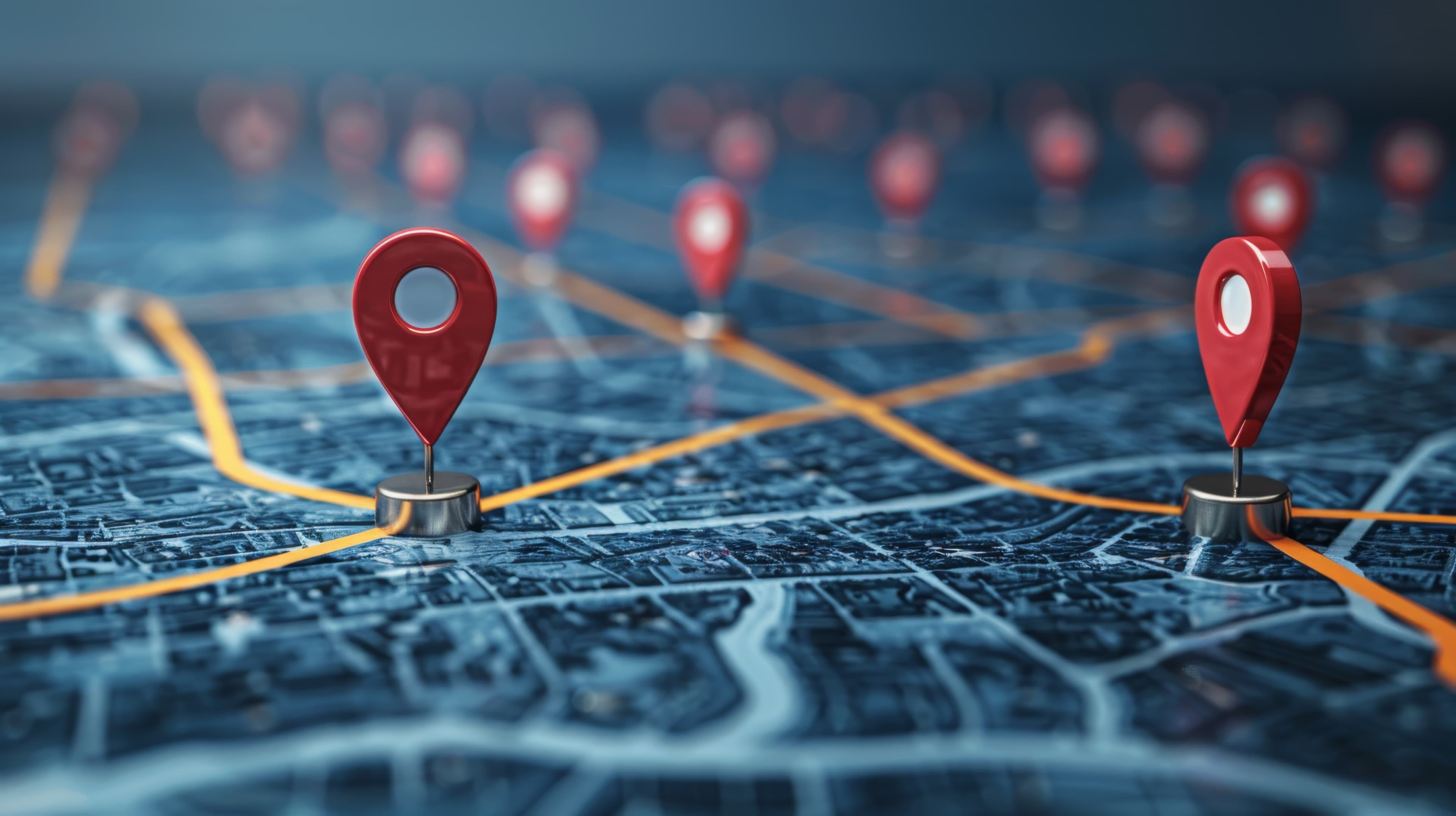 Multiple red GPS location pins standing on a dark blue city map with orange route lines, showing navigation and travel concept.