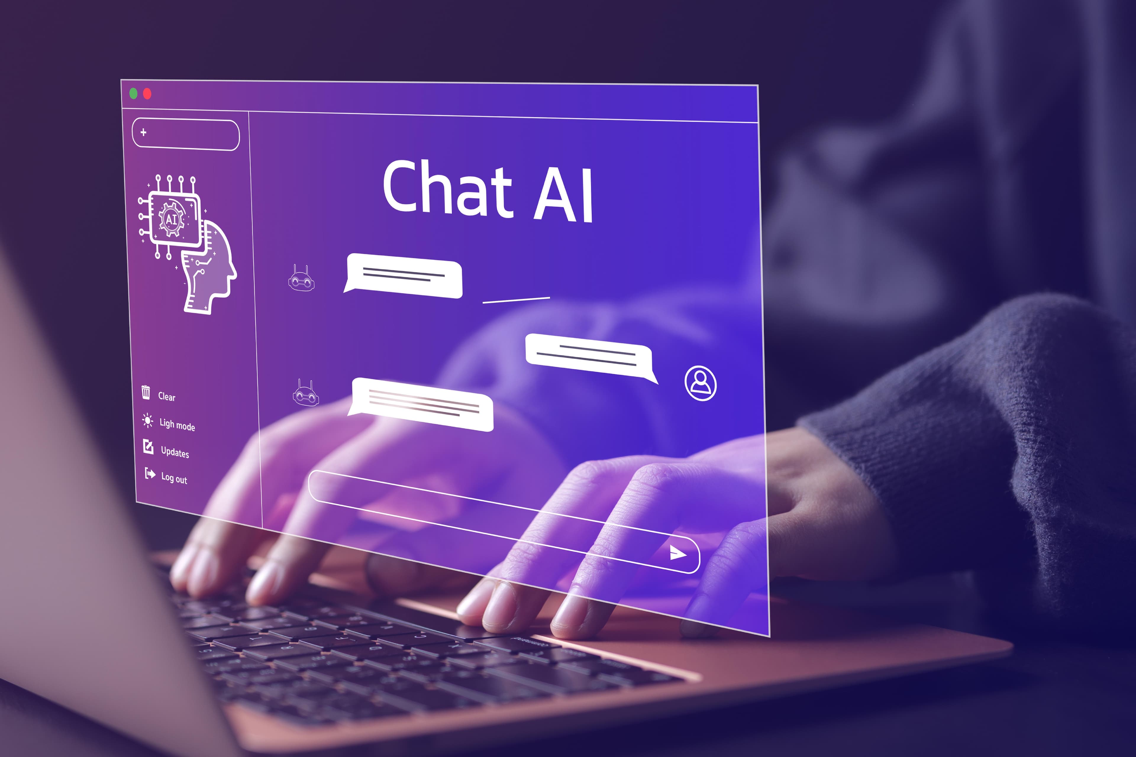 Female typing on laptop talking to an AI Chat