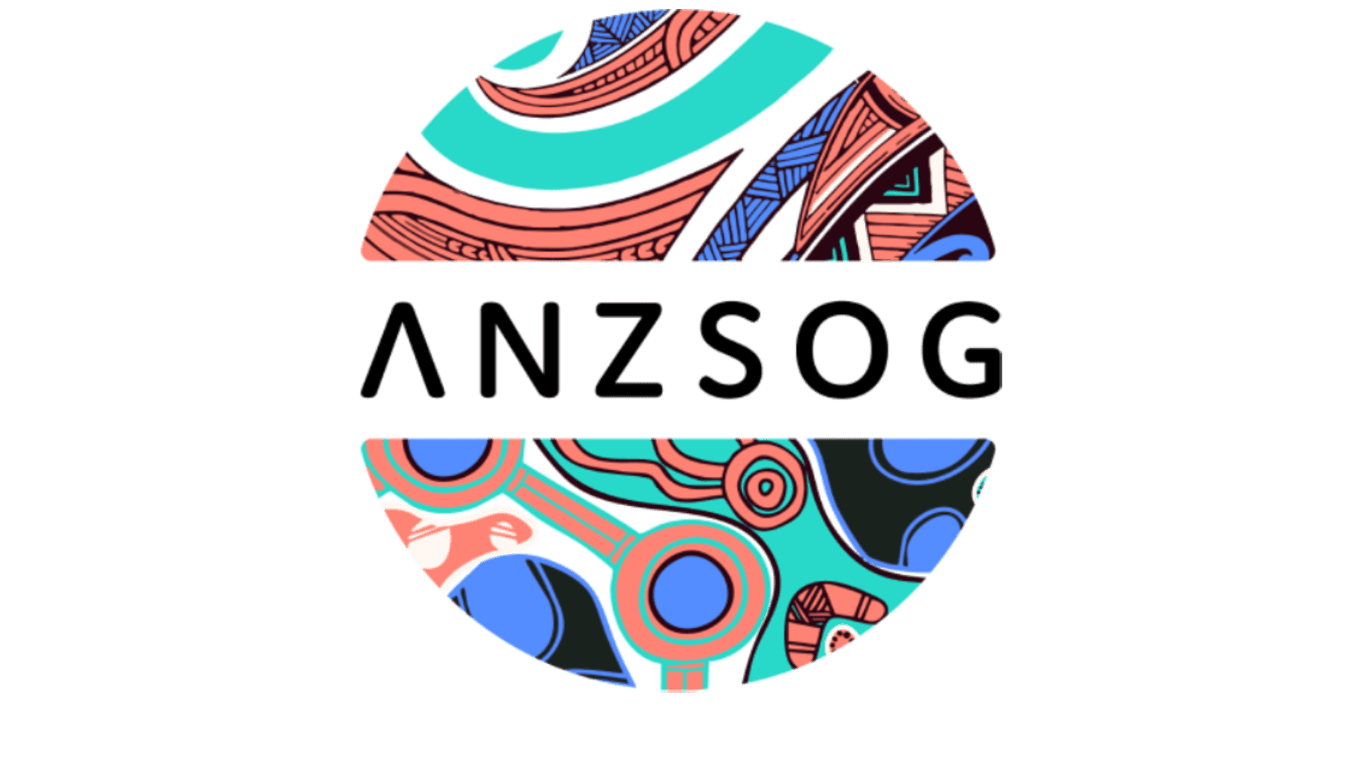 A circle split by a black horizontal bar, filled with colorful abstract patterns in red, blue, and teal shades.