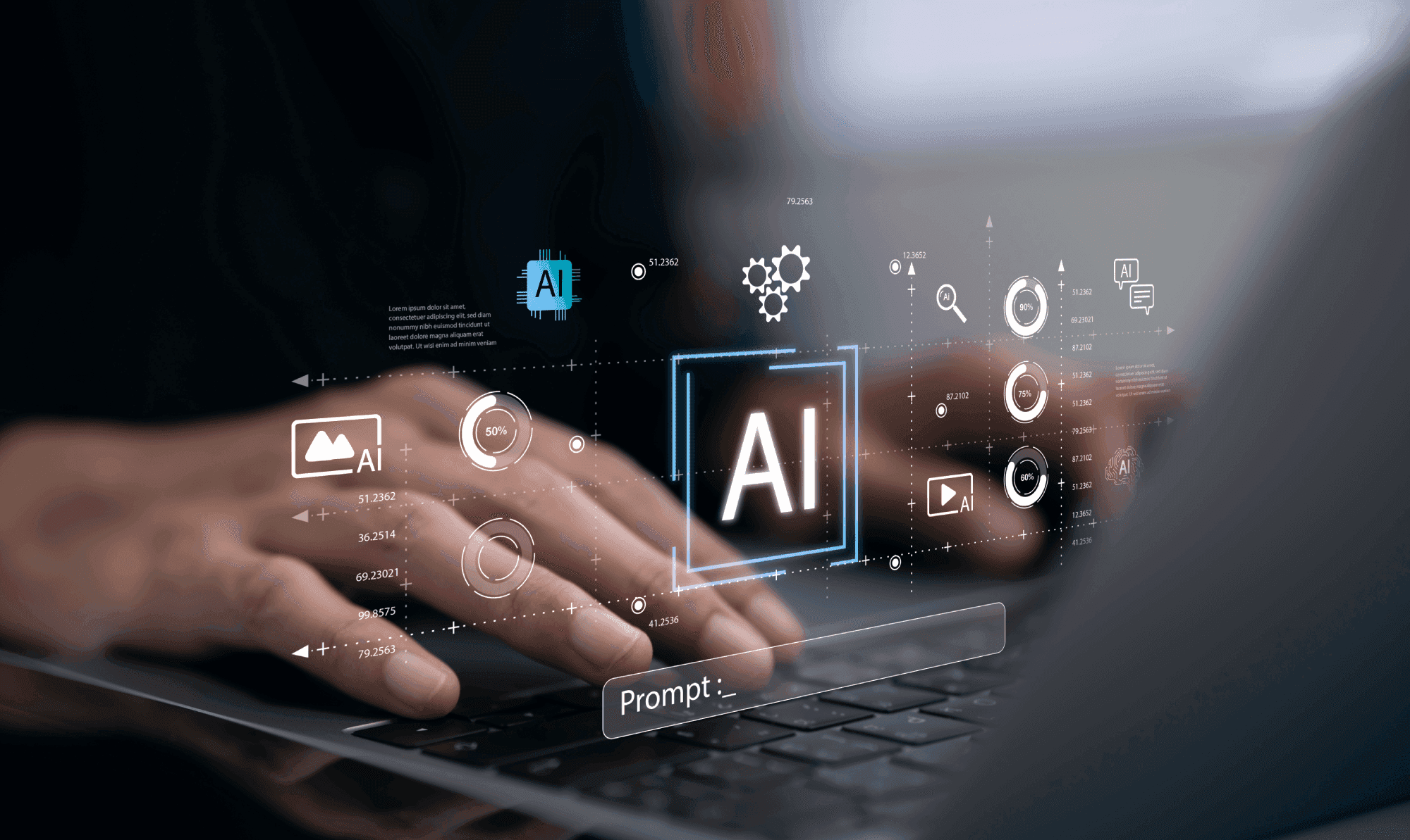 Hands typing on a laptop with floating digital graphics related to AI technology, including icons and progress indicators.