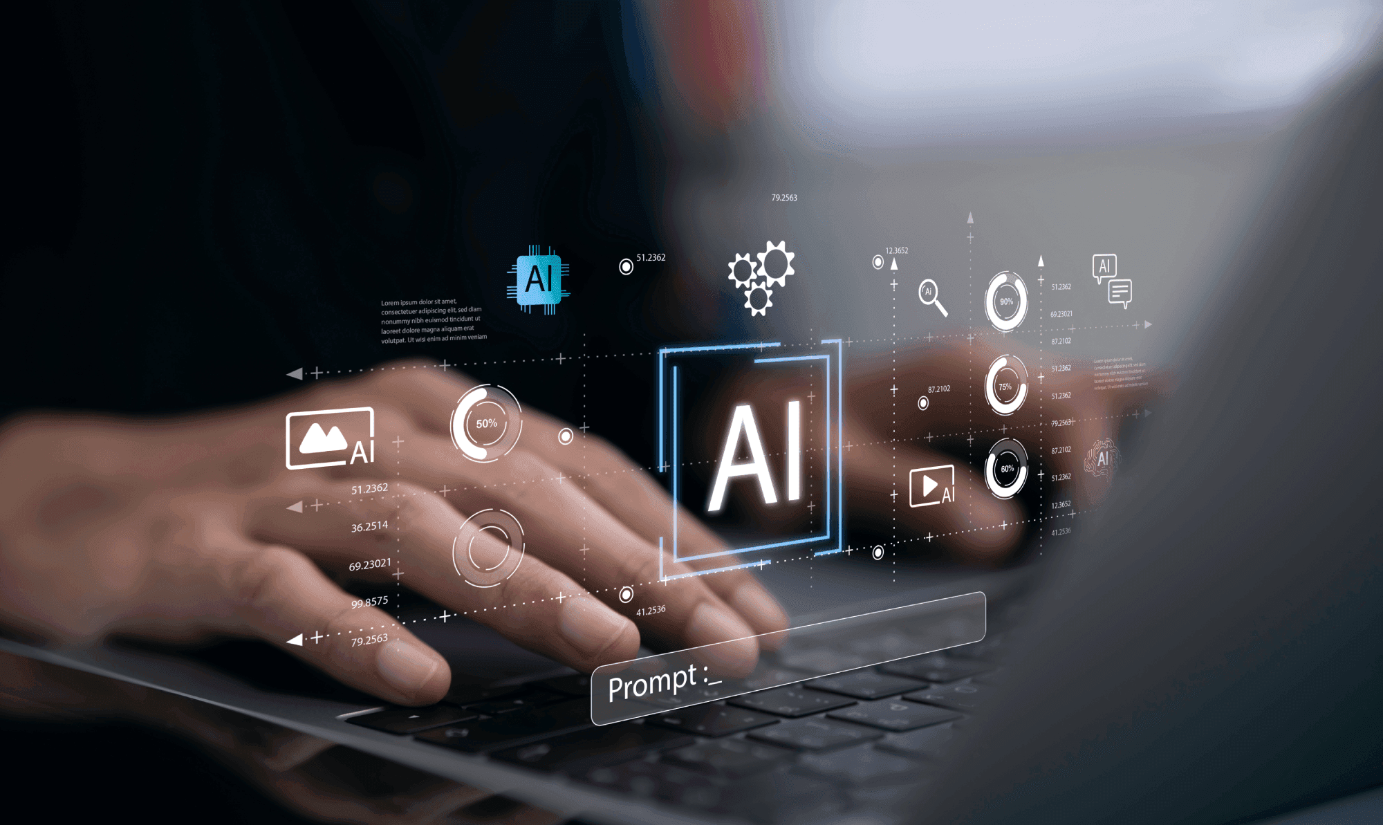 Hands typing on a laptop with floating digital graphics related to AI technology, including icons and progress indicators.
