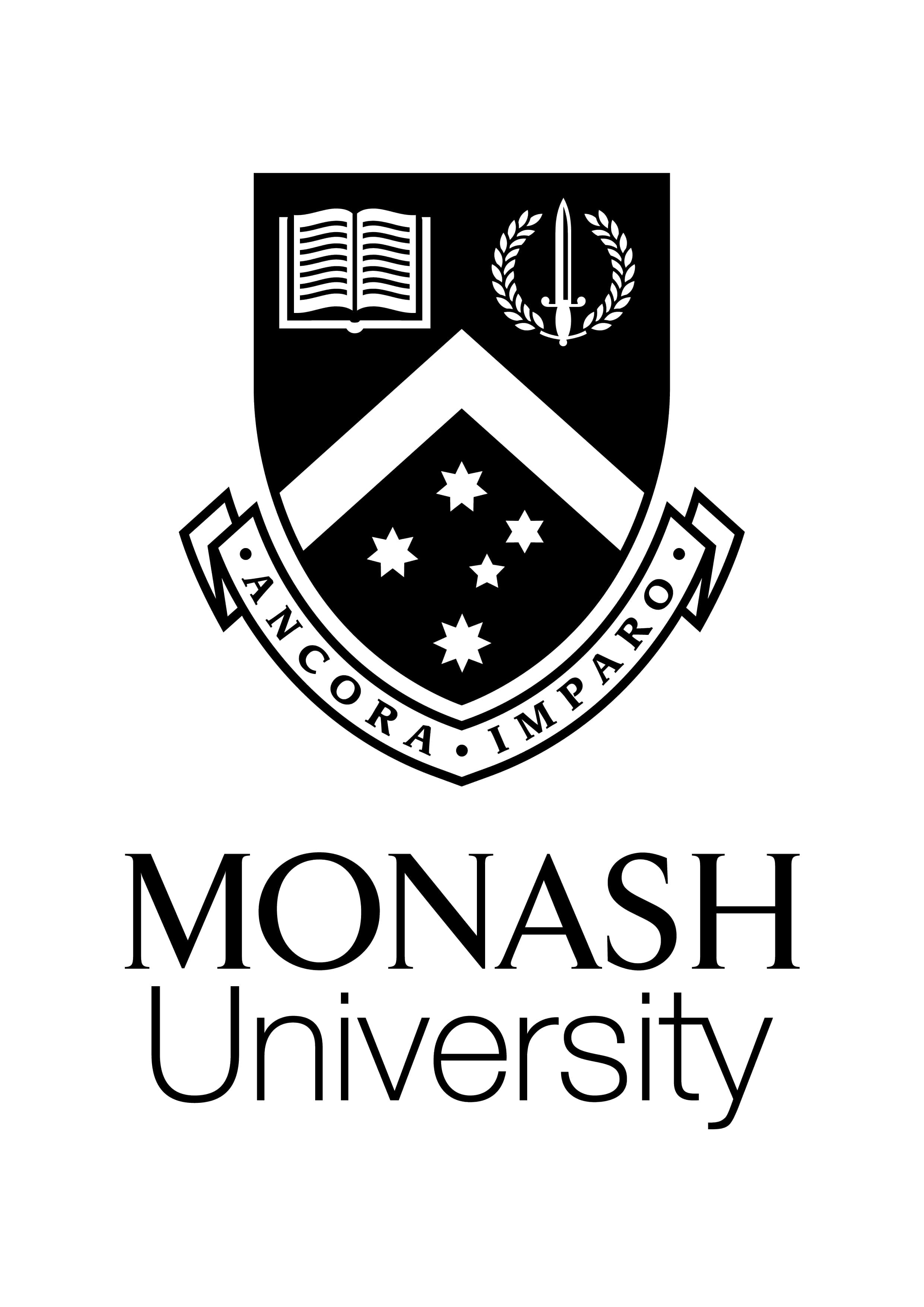 Monash University logo featuring a shield with symbols including an open book, stars, and motto "Ancora Imparo" on a white background.
