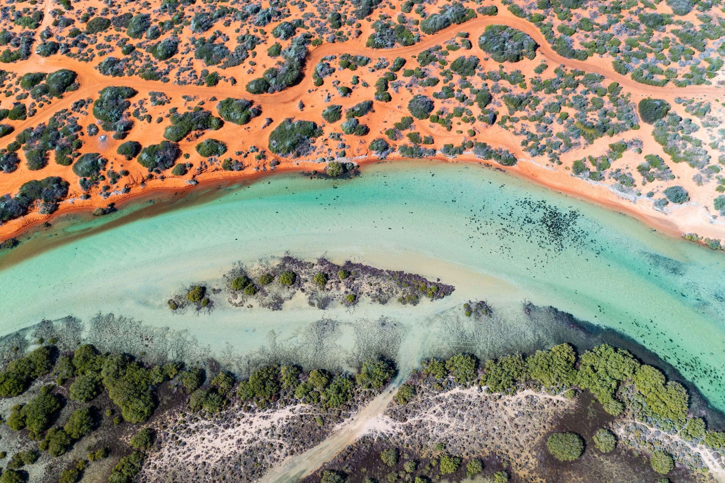 Aerial view of turquoise coastal waters meeting red sandy terrain dotted with green shrubs, likely in outback Australia.