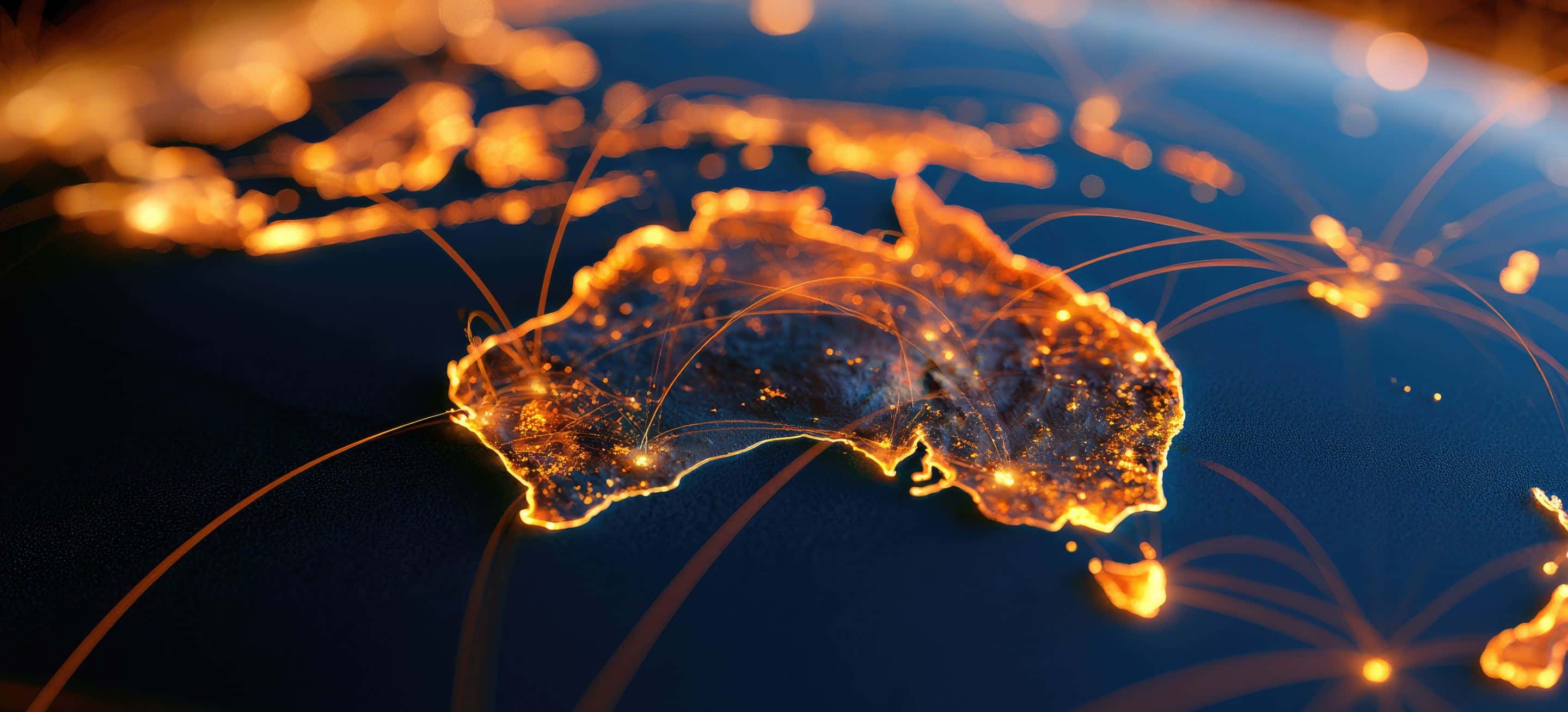 Glowing digital map of Australia on a dark globe with orange light connections linking to global destinations