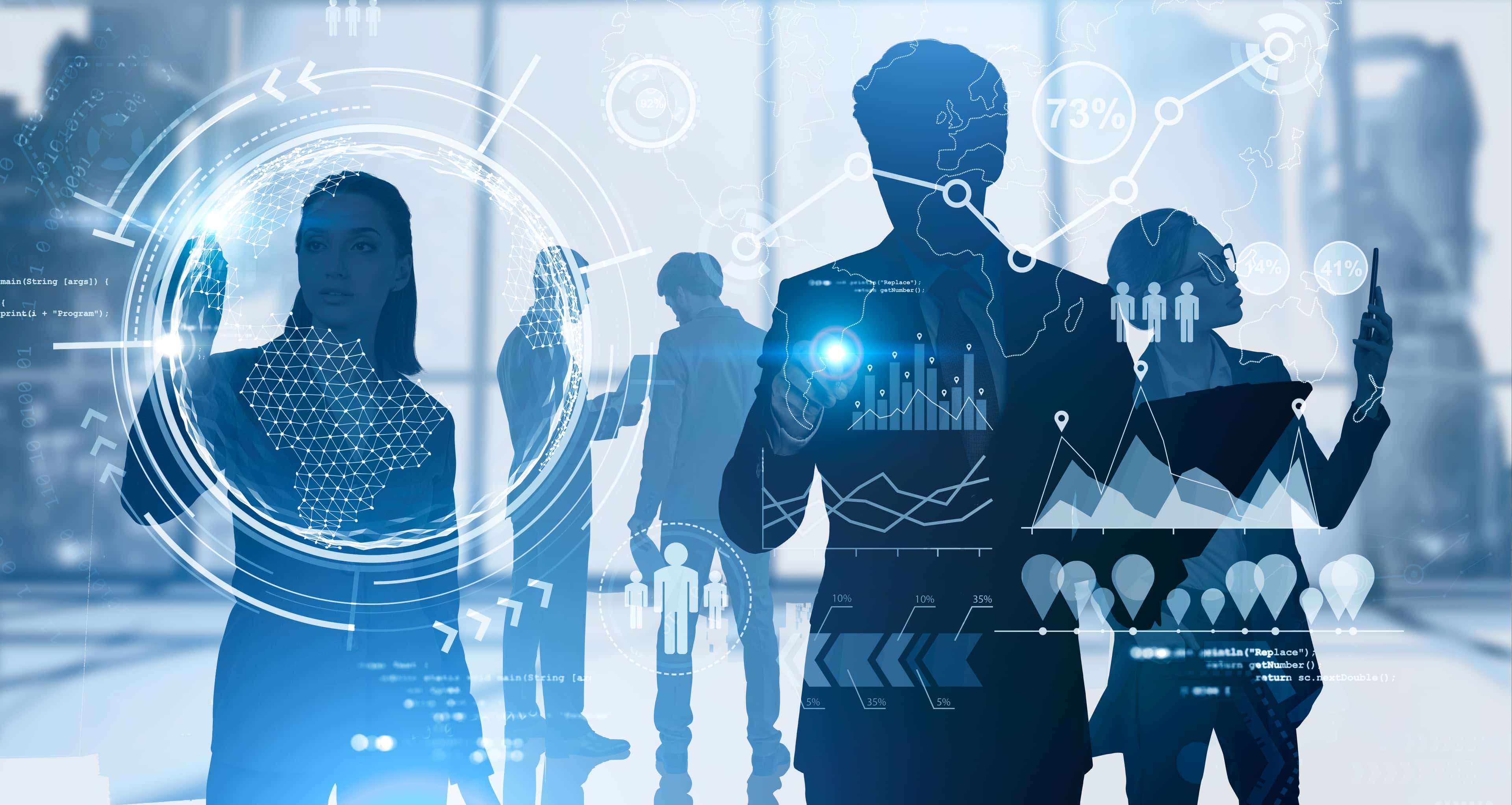 Business professionals interacting with futuristic digital data overlays, charts, and holographic interfaces in a blue-toned tech concept image.