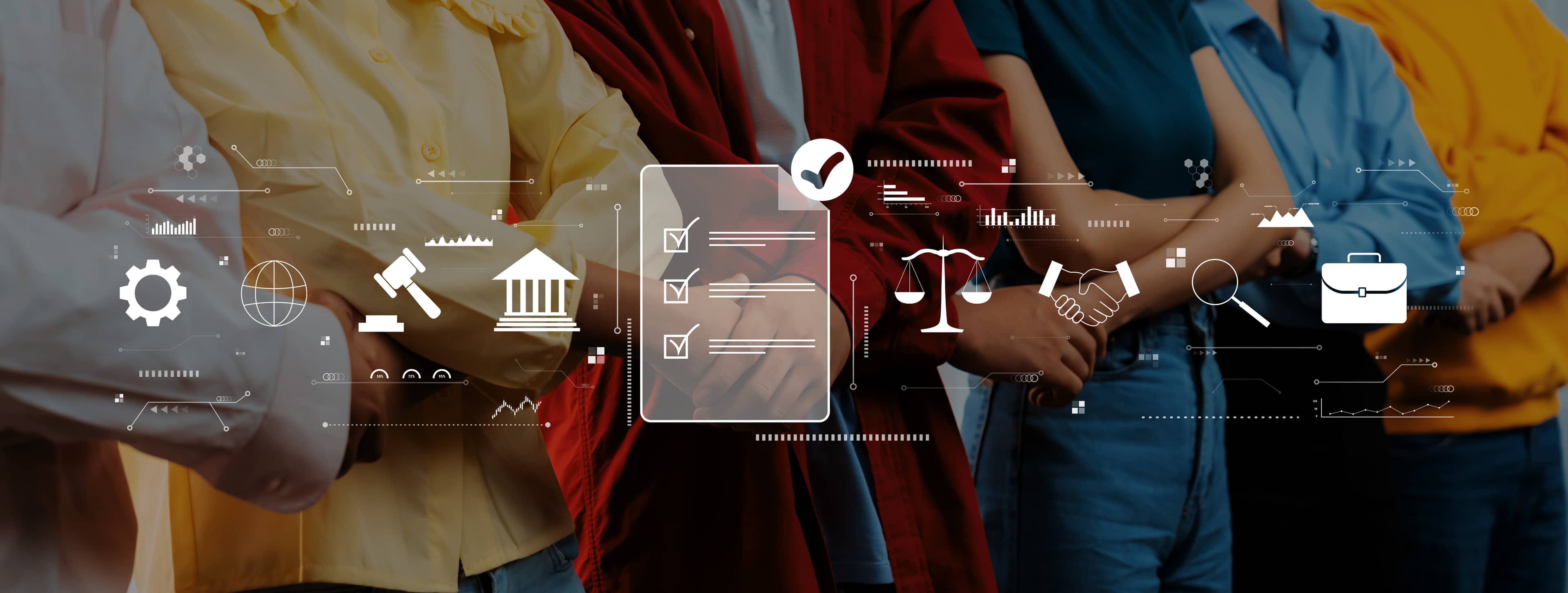 Diverse group of people with arms crossed, overlayed by icons representing law, agreement, and organization.