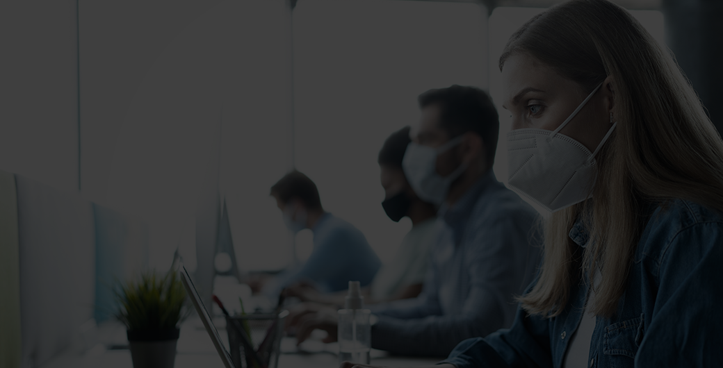 Image of Group of business people wear protective face mask working in office