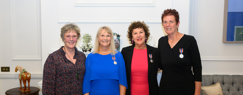 (From left) Ministry of Social Development Chief Executive Debbie Power with her fellow ANZSOG alumni Penny Rounthwaite who was awarded a New Zealand Public Service Medal alongside MSD colleagues Diane Anderson and Cath Thompson.